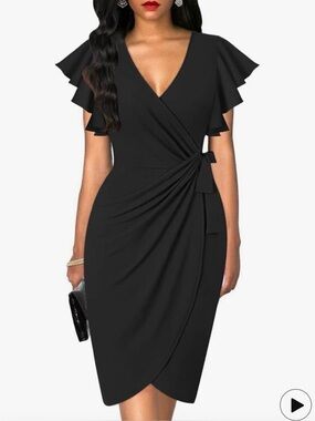 Elegant Wrap Midi Dress with Flutter Sleeves in Black